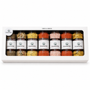Kit Yamato com 7 temperos em caixa branca: Pimenta do Reino, Chimichurri, Lemon Pepper, Páprica Defumada, Sal Rosa, Páprica Picante e Ana Maria