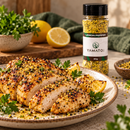Lemon Pepper Yamato — 90 g: sugestão de uso culinário com frasco Yamato ao fundo