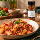 Pimenta Calabresa Yamato — 55 g: sugestão de uso culinário com frasco Yamato ao fundo