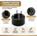 Tampa flip-top preta com 2 dosadores: abertura de maior vazão e furos para vazão moderada